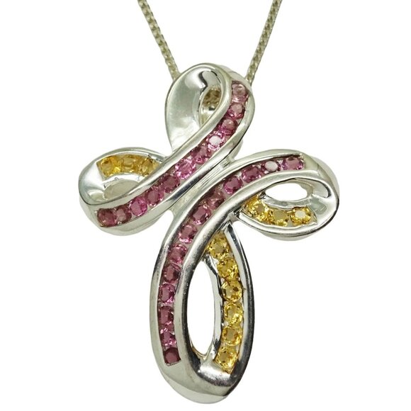 Pink Tourmaline & Citrine Sterling Silver Ribbon Swirl Cross Pendant - Picture 1 of 4